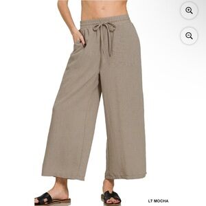 Zenana Woven Crepe Elastic Band Waist Cropped Wide-Leg Pants light mocha